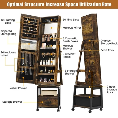 360° Swivel Jewelry Cabinet, 66'' Freestanding Jewelry Armoire With Bottom Drawer 5 360° Swivel Jewelry Cabinet, 66'' Freestanding Jewelry Armoire With Bottom Drawer - Image 5