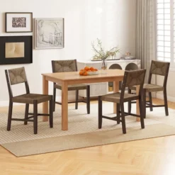Tangkula Wooden Dining Chair Set Of 4 W/ Natural Weave Seagrass Rattan Backrest & Seat
