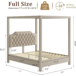 Upholstered Canopy Bed Frame With Headboard, Button Tufted, Nailhead Trim Design, No Box Spring Required