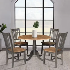 5pc 42" Round Dual Drop Leaf Dining Table With 4 Splat Back Chairs Hickory/Washed Coal - International Concepts