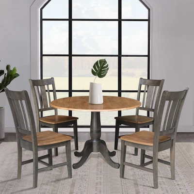5pc 42" Round Dual Drop Leaf Dining Table With 4 Splat Back Chairs Hickory/Washed Coal - International Concepts 1 5pc 42" Round Dual Drop Leaf Dining Table With 4 Splat Back Chairs Hickory/Washed Coal - International Concepts