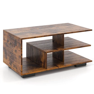 Costway Coffee Table W/ L-shaped Middle Shelf For Living Room Rustic Brown 9 Costway Coffee Table W/ L-shaped Middle Shelf For Living Room Rustic Brown - Image 9