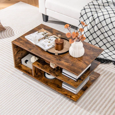 Costway Coffee Table W/ L-shaped Middle Shelf For Living Room Rustic Brown 3 Costway Coffee Table W/ L-shaped Middle Shelf For Living Room Rustic Brown - Image 3