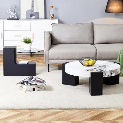 Modern 2-Piece Detachable Coffee Table Set With MDF Wood & Glass Top,Nesting Round Center Tables For Living Room-Baofuwish 2 Modern 2-Piece Detachable Coffee Table Set With MDF Wood & Glass Top,Nesting Round Center Tables For Living Room-Baofuwish - Image 2
