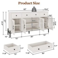 Buffet Cabinet, Sideboard Cabinet With Storage, 62'' Large Buffet Table, With 3 Drawers And 4 Fluted Glass Doors