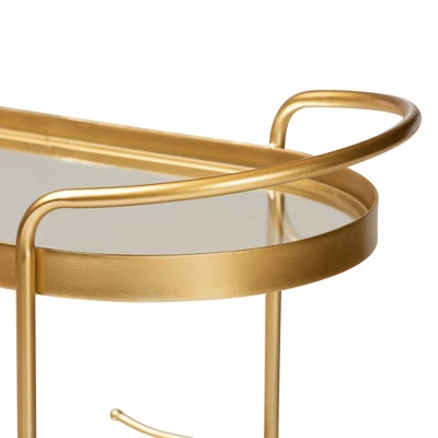 Kamal Glam Brushed Metal And Mirrored Glass 2 Tier Mobile Wine Bar Cart Gold - Baxton Studio 3 Kamal Glam Brushed Metal And Mirrored Glass 2 Tier Mobile Wine Bar Cart Gold - Baxton Studio - Image 3