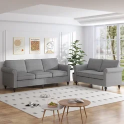 Mjkone 2 Piece Living Room Sofa Set With Rivet Design,Linen Fabric W76''3-Seater Sofa Couch With W53''Loveseat Sofa -Baxton Studio Sale Shop GUEST 7ffedd03 d61d 41e8 a656 a6aeb546ef27