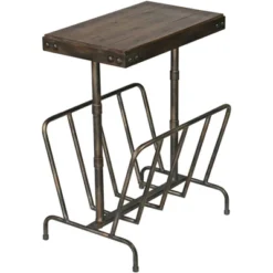 Uttermost Industrial Brushed Iron Metal Rectangular Accent Side End Table 17" X 12" Walnut Acacia Wood Tabletop For Living Room