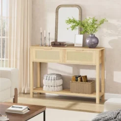 Rattan Entryway Table, Wood Console Table With 2 Drawers, Sofa Table With Storage, Console Tables For Entryway, Living Room, Hallway, Foyer -Baxton Studio Sale Shop GUEST 8137b364 c614 4423 841a c88e8291e770