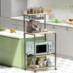 Bestier 4 Tier Shelves Portable Utility Kitchen Storage Baker's Rack Organizer Cart Stand With Adjustable Wheels And Side Hooks, 49 Inch, Oak -Baxton Studio Sale Shop GUEST 813e332a dd06 41fd 85ac 9c39ccb6bbe5