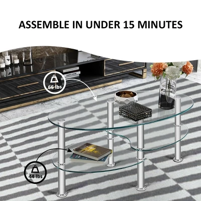 Costway Tempered Glass Oval Side Coffee Table Shelf Chrome Base Living Room Clear 4 Costway Tempered Glass Oval Side Coffee Table Shelf Chrome Base Living Room Clear - Image 4