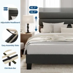 King Bed Frame Platform Bed With Adjustable Headboard, Linen Fabric Upholstered And Wooden Slats Support, Easy Assembly, Dark Grey -Baxton Studio Sale Shop GUEST 816bb90c 771b 4ecc 92cd f743ef679702