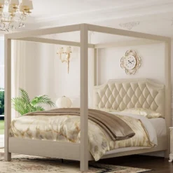 Upholstered Canopy Bed Frame With Headboard, Button Tufted, Nailhead Trim Design, No Box Spring Required 11 Upholstered Canopy Bed Frame With Headboard, Button Tufted, Nailhead Trim Design, No Box Spring Required -Baxton Studio Sale Shop GUEST 829d15cf aebd 4bc2 bc27 cc0eae351dbc