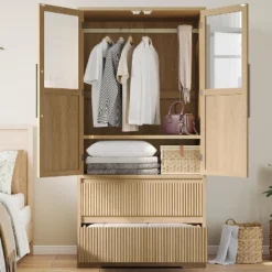 Wooden Armoire Wardrobe Closet With Shelves & Hanging Rod, Wardrobe Armoire Cabinet With Glass Doors And 2 Drawers, For Bedroom, Living Room -Baxton Studio Sale Shop GUEST 83702e8a 26e7 4fd4 9b71 ca39f9c02eb3