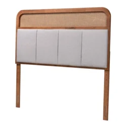 Baxton Studio King Esti Fabric And Wood Headboard With Rattan Light Gray/Ash Walnut: Mid-Century Design, 5 Adjustable Heights