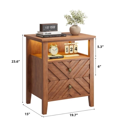 Night Stand With 2 Storage Drawers, Farmhouse Nightstand W/V-Shaped Design & Open Storage Shelf, Wooden Rustic Bedside Table 1 Night Stand With 2 Storage Drawers, Farmhouse Nightstand W/V-Shaped Design & Open Storage Shelf, Wooden Rustic Bedside Table