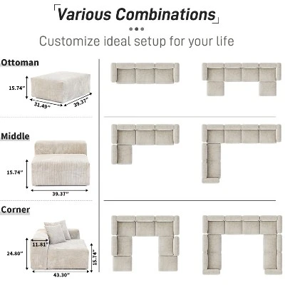 WJShome Modular Sectional Sofa Cloud Couch,Corduroy 141.73inch L Shaped Sofa With Chaise,Convertible Sleeper Sofa Couches 5 WJShome Modular Sectional Sofa Cloud Couch,Corduroy 141.73inch L Shaped Sofa With Chaise,Convertible Sleeper Sofa Couches - Image 5