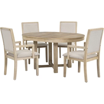 5 PCS Round Extendable Dining Table Set With Butterfly Leaf And 4 Upholstered Dining Armchairs-ModernLuxe 8 5 PCS Round Extendable Dining Table Set With Butterfly Leaf And 4 Upholstered Dining Armchairs-ModernLuxe - Image 8