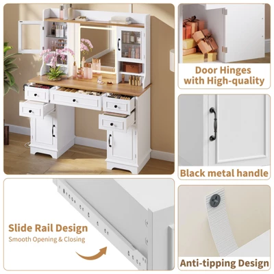 Vanity Desk With LED Lighted Mirror, Makeup Vanity Table With 5 Drawers, 4 Doors, And 3 Storage Shelves For Bedroom, Dressing Room 6 Vanity Desk With LED Lighted Mirror, Makeup Vanity Table With 5 Drawers, 4 Doors, And 3 Storage Shelves For Bedroom, Dressing Room - Image 6