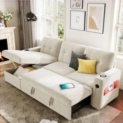 84" L-Shaped Sleeper Sofa Couch, Convertible Pull-Out Sofa Bed With Storage Chaise, Charging Station & LED Lights -Baxton Studio Sale Shop GUEST 89852946 c999 41e0 9a06 01fb70f81b0b