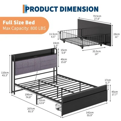 Full Bed Frame With Headboard And Storage, Heavy Duty Bed Frames With 2 Storage Drawers, Black Bedframe With Charging Station, No Box Spring Needed 2 Full Bed Frame With Headboard And Storage, Heavy Duty Bed Frames With 2 Storage Drawers, Black Bedframe With Charging Station, No Box Spring Needed - Image 2