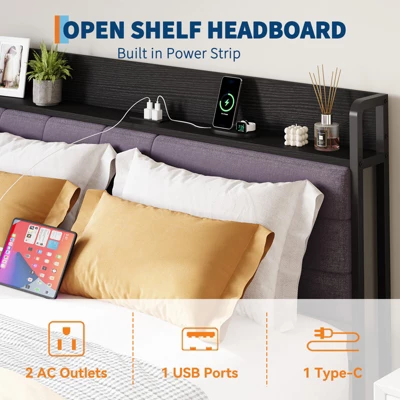 Full Bed Frame With Headboard And Storage, Heavy Duty Bed Frames With 2 Storage Drawers, Black Bedframe With Charging Station, No Box Spring Needed 3 Full Bed Frame With Headboard And Storage, Heavy Duty Bed Frames With 2 Storage Drawers, Black Bedframe With Charging Station, No Box Spring Needed - Image 3