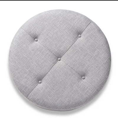 Baxton Studio Vinet Natural Wood Cocktail Ottoman Gray: Modern Upholstered Round Coffee Table, 250lb Capacity 1 Baxton Studio Vinet Natural Wood Cocktail Ottoman Gray: Modern Upholstered Round Coffee Table, 250lb Capacity