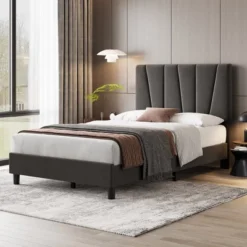 WhizMax Bed Frame With Adjustable Headboard, Linen Upholstered Platform Bedframe With Strong Wooden Slats, No Box Spring Needed, Easy Assembly, Grey