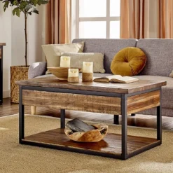 Claremont Rustic Wood Coffee Table With Low Shelf Dark Brown - Alaterre Furniture: Steel Frame, Acacia Surface