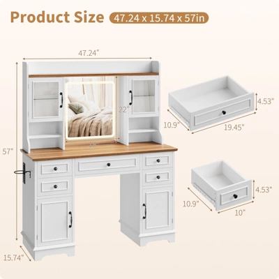 Vanity Desk With LED Lighted Mirror, Makeup Vanity Table With 5 Drawers, 4 Doors, And 3 Storage Shelves For Bedroom, Dressing Room 8 Vanity Desk With LED Lighted Mirror, Makeup Vanity Table With 5 Drawers, 4 Doors, And 3 Storage Shelves For Bedroom, Dressing Room - Image 8