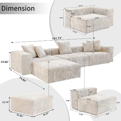 WJShome Modular Sectional Sofa Cloud Couch,Corduroy 141.73inch L Shaped Sofa With Chaise,Convertible Sleeper Sofa Couches 4 WJShome Modular Sectional Sofa Cloud Couch,Corduroy 141.73inch L Shaped Sofa With Chaise,Convertible Sleeper Sofa Couches - Image 4