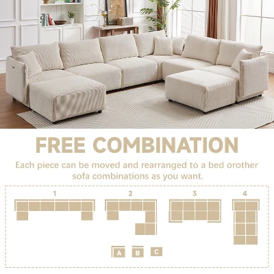 106"W Modular Combination Style Sofa, Modern Minimalist Corduroy Sofa With 2 Comfort Pillows And USB & C Charging Ports 4S - ModernLuxe 8 106"W Modular Combination Style Sofa, Modern Minimalist Corduroy Sofa With 2 Comfort Pillows And USB & C Charging Ports 4S - ModernLuxe - Image 8