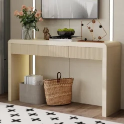 Console Table With 3 Fluted Drawers, Rustic Sofa Table Solid Wood Veneer Entryway Table - ModernLuxe