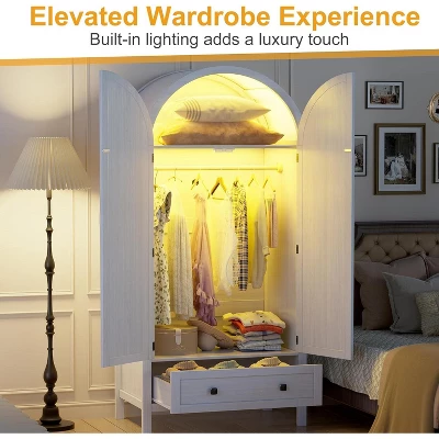 PAKASEPT 70.9‘’ Arched Wooden Armoire Wardrobe Closet With Drawers And Fluted Doors, With Light & Shelves And Hanging Rod, White 2 PAKASEPT 70.9‘’ Arched Wooden Armoire Wardrobe Closet With Drawers And Fluted Doors, With Light & Shelves And Hanging Rod, White - Image 2