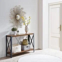 OKD 46 Inch 2-Tier Console Sofa Hallway Entryway Accent Table With Metal Frame, And Adjustable Scratch-Resistant Feet, Barnwood Brown -Baxton Studio Sale Shop GUEST 8defdab9 0a30 4139 ac93 961de9a3b95e