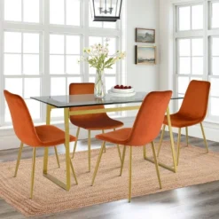 Mona+Bingo 5 Piece Gold Rectangular Clear Tempered Transparent Glass Table With 4 Upholstered Side Chairs-Maison Boucle -Baxton Studio Sale Shop GUEST 8e3443c4 7668 4a03 8e03 bade9fd4202f