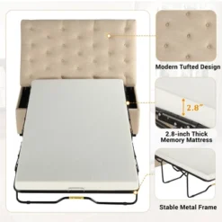 Twin Size Folding Sofa Bed, Convertible Sleeper Sofa Ottoman With Memory Mattress And Tufted Design For Living Room -ModernLuxe -Baxton Studio Sale Shop GUEST 8ebcf40b 9d29 40da aa66 62d244811d20