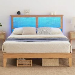 Deluxe Solid Wood Bed Frame With Natural Rattan Headboard, Queen Size Platform Bed Frame With LED Lights