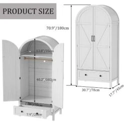 PAKASEPT 70.9‘’ Arched Wooden Armoire Wardrobe Closet With Drawers And Fluted Doors, With Light & Shelves And Hanging Rod, White