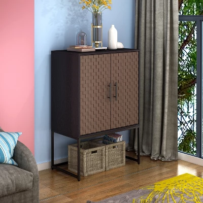 Arina 2 Door Leatherette With Bands Weaving Vision High Accent Cabinet With Adjustable Shelf - The Pop Home 1 Arina 2 Door Leatherette With Bands Weaving Vision High Accent Cabinet With Adjustable Shelf - The Pop Home
