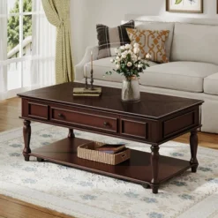 Christopher Knight Home Sana Retro Rubberwood Coffee Table With One Drawer, Shelf And Lockable Wheels