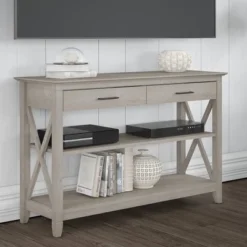 Key West Console Table With Drawers And Shelves Washed Gray - Bush Furniture