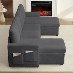 103"W Corduroy 4-Seater Modular Sleeper Sofa Bed With Storage Chaise,U-shaped Sofa With Pull-out Bed，Dark Grey -Baxton Studio Sale Shop GUEST 93ee6012 9e0c 4aba 9e32 40ab67ff900a