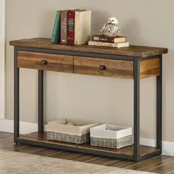 Claremont Rustic Wood Console Table With Two Drawers And Low Shelf Dark Brown - Alaterre Furniture
