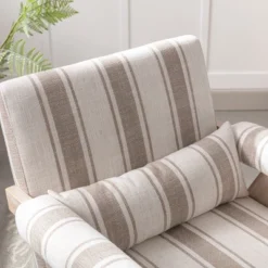 Megan 27.56" Wide Striped Upholstered Seat And Lumbar Pillow With Oak "V" Shape Solid Wood Legs Accent Chair With Arm Pads-The Pop Maison -Baxton Studio Sale Shop GUEST 95d1e22c 3188 4d90 b521 dd178914eede