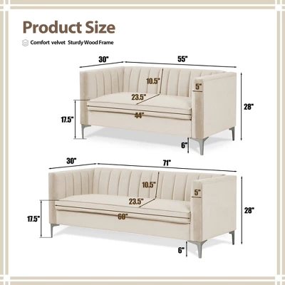 55 In. Wide Mid-Century Channel Tufted Velvet 2-Seater Sofa Couch Loveseat - Morden Fort 4 55 In. Wide Mid-Century Channel Tufted Velvet 2-Seater Sofa Couch Loveseat - Morden Fort - Image 4