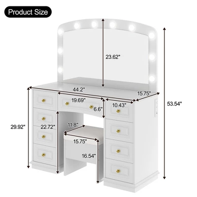 Makeup Vanity Desk Vanity Table Dressing Table With Cushioned Stool, 3-Mode Lighted Mirror, 9 Drawers & Charging Station, White - ModernLuxe 6 Makeup Vanity Desk Vanity Table Dressing Table With Cushioned Stool, 3-Mode Lighted Mirror, 9 Drawers & Charging Station, White - ModernLuxe - Image 6