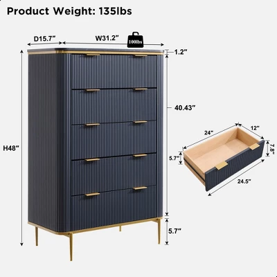 SinCiDo Modern Fluted Drawer Dresser, Gold Accents, Wood TV Stand & Storage Dressers Organizer For Bedroom, Living Room 4 SinCiDo Modern Fluted Drawer Dresser, Gold Accents, Wood TV Stand & Storage Dressers Organizer For Bedroom, Living Room - Image 4