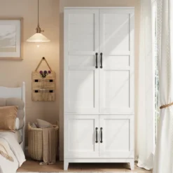 Armoire Wardrobe Closet With 4 Doors,72" Wooden Wardrobe Cabinet With Hanging Rod, Tall Armoire With 18 Adjustable Shelves For Bedroom, Clothes -Baxton Studio Sale Shop GUEST 99c9b11b 08d5 48cf 9389 12d6a48f57d9