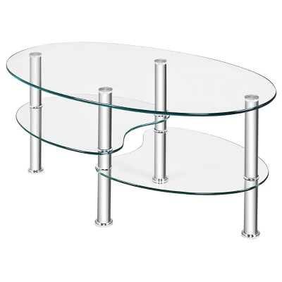 Costway Tempered Glass Oval Side Coffee Table Shelf Chrome Base Living Room Clear 8 Costway Tempered Glass Oval Side Coffee Table Shelf Chrome Base Living Room Clear - Image 8